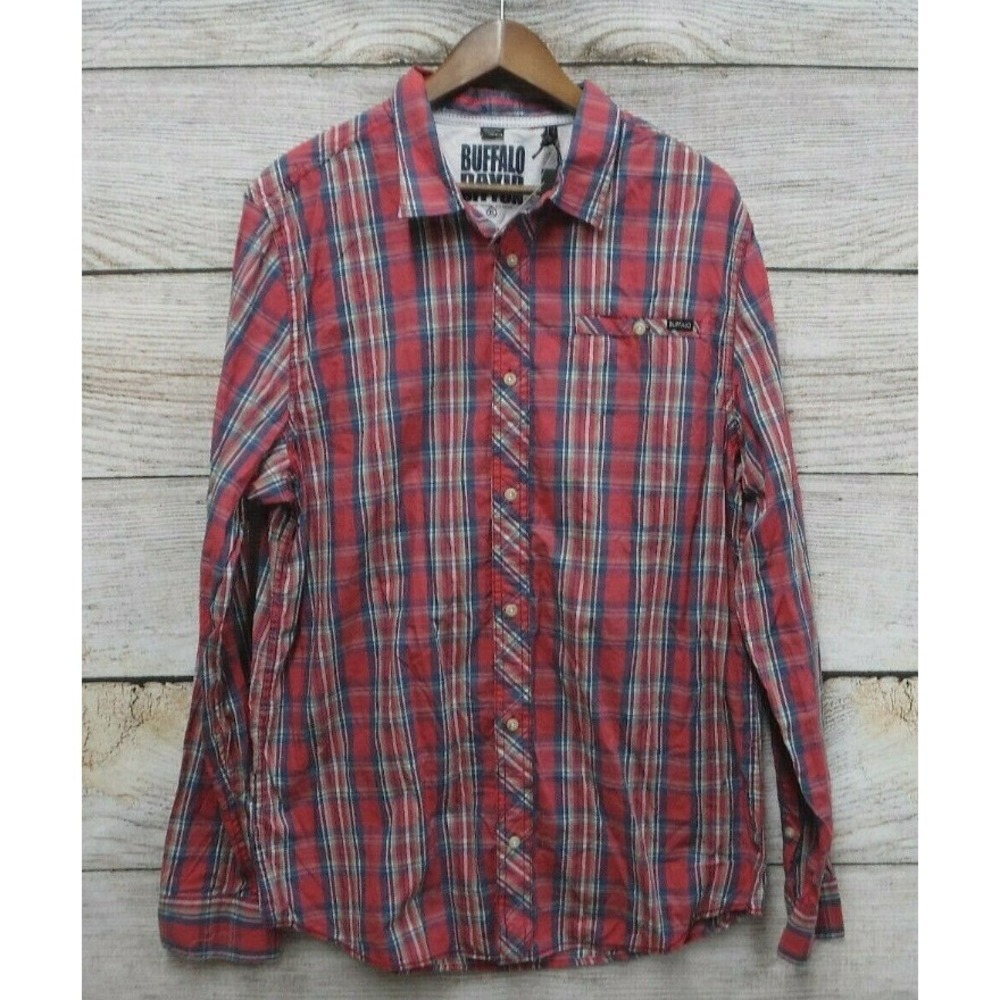 Buffalo David Bitton Shirt Mens Large Faded Red & Blue Slim Fit Button Down New